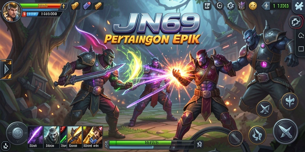 Screenshot utama JIN69 menampilkan pertarungan seru karakter-karakter dalam arena.