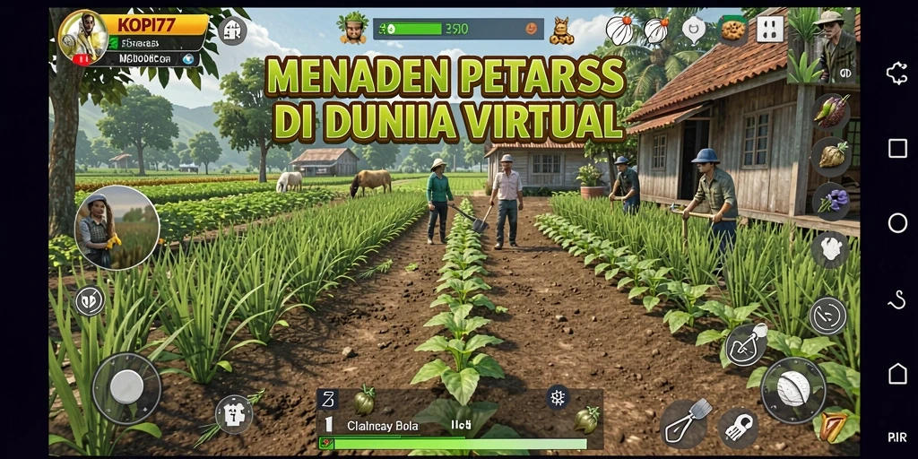 Screenshot KOPI77 menampilkan ladang penuh tanaman hijau dan hewan.