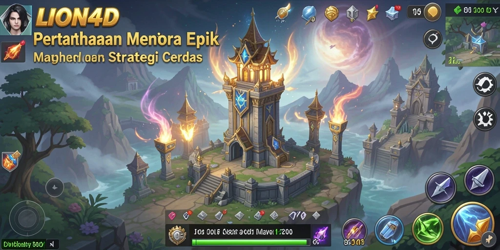 Screenshot utama LION4D menampilkan aksi menara pertahanan yang intens.