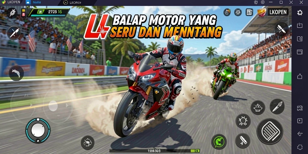 Gameplay LKOPEN menampilkan balapan motor yang seru dan kompetitif.