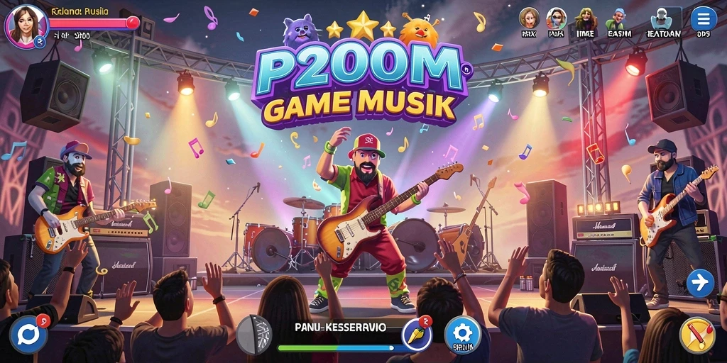 Tampilan gameplay P200M yang seru dan interaktif dengan musik yang menarik.