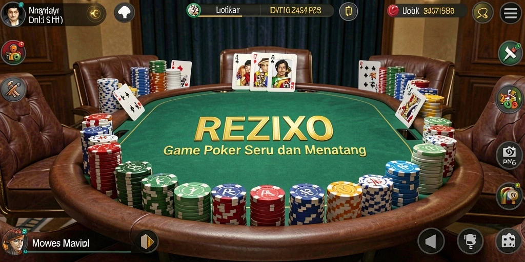 Tampilan gameplay seru dalam aplikasi REZIXO yang menampilkan berbagai aksi Poker.