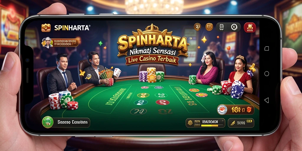 Tangkapan layar gameplay SPINHARTA menampilkan dealer profesional dan suasana kasino yang hidup.