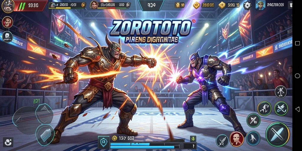 Tangkapan layar ZOROTOTO menunjukkan pertarungan seru dalam arena.